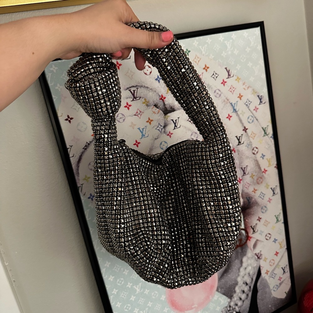 Madison West Rhinestone Knot Bag in Gun Metal Tone